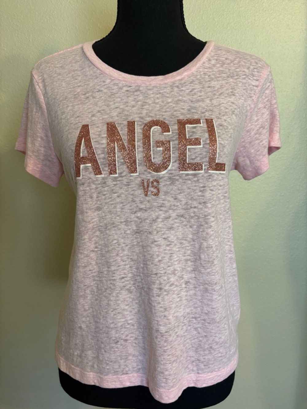 VS angel Graphic Tee in Light Pink with Rose Gold Glitter